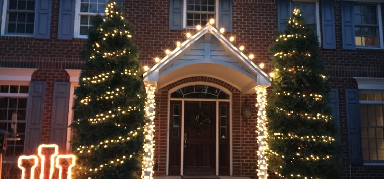 A brick home with two trees that have been decorated with Christmas lights.