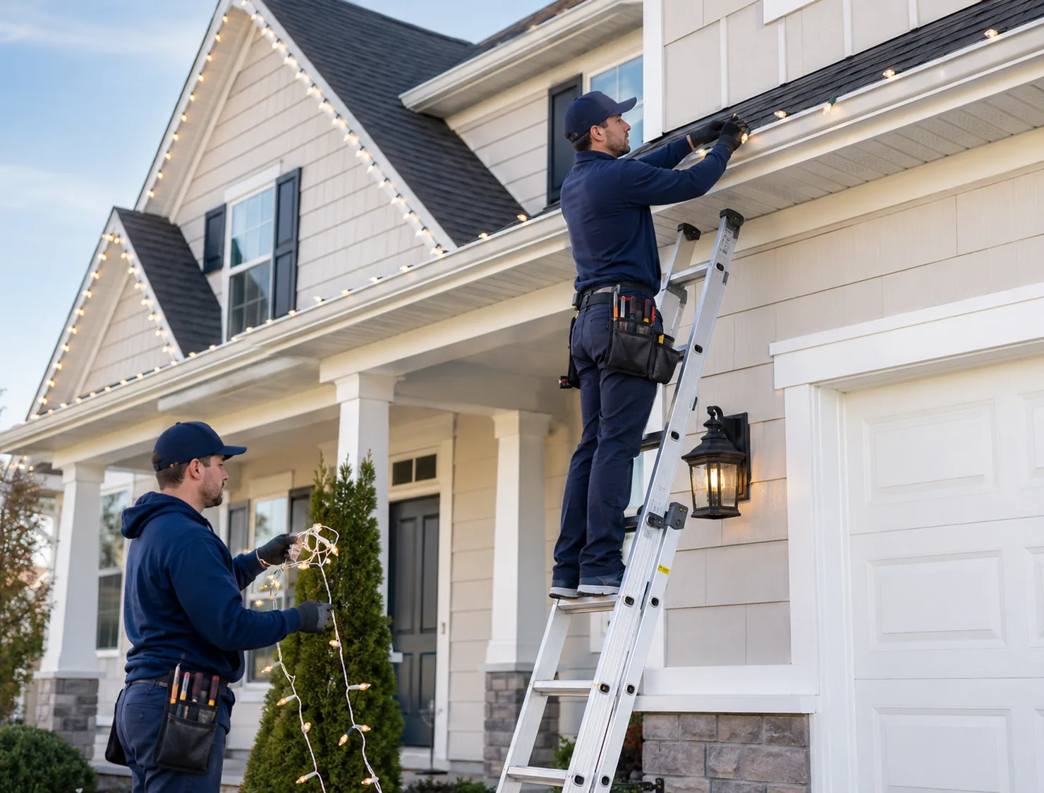 Installer outlining roofline lights on Marion County home before neighborhood holiday gathering