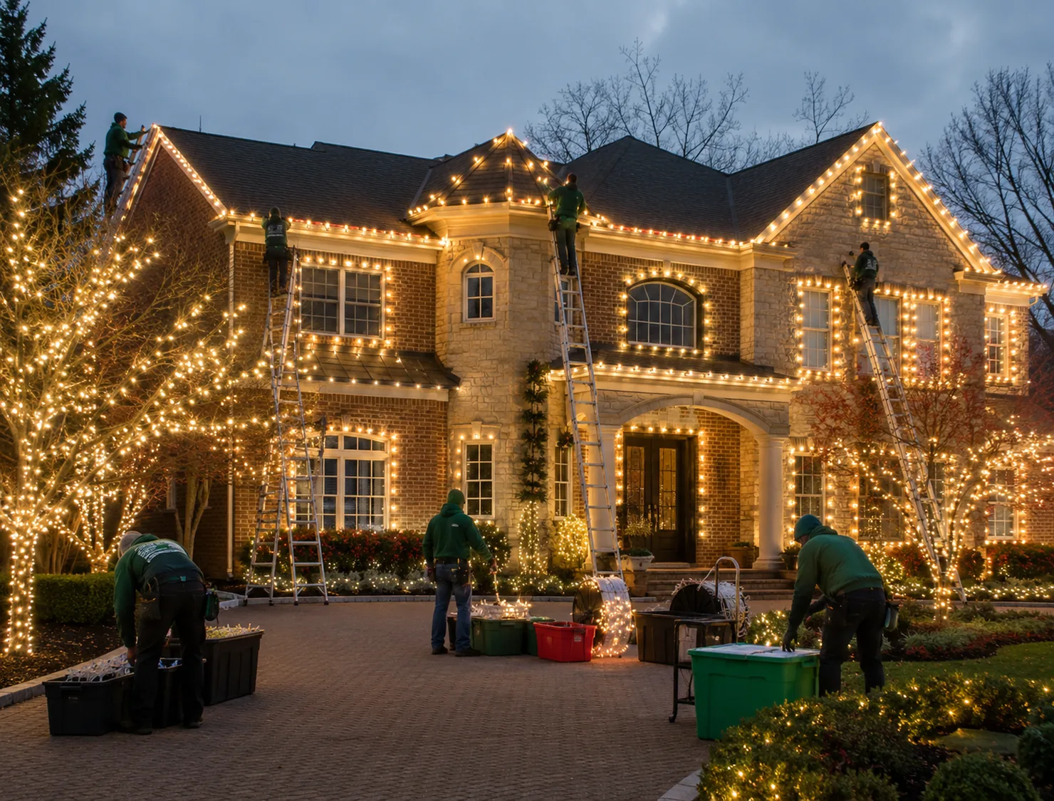 Technician securing holiday lighting clips along steep roofline with careful spacing