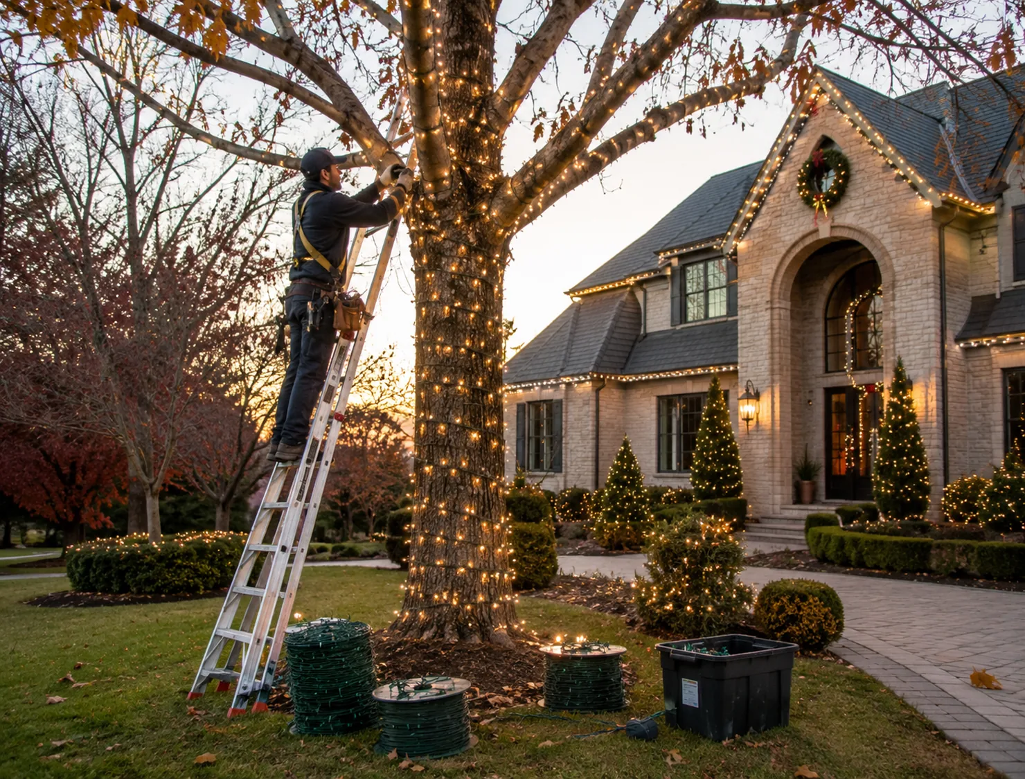Professional installer measuring roofline spacing for symmetrical holiday lighting placement