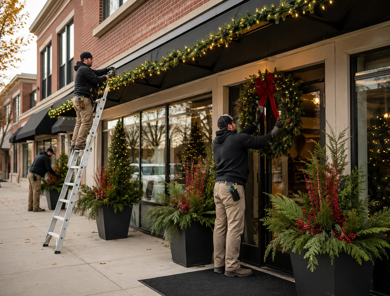 Technician carefully securing holiday lights along steep roof edge with measured spacing