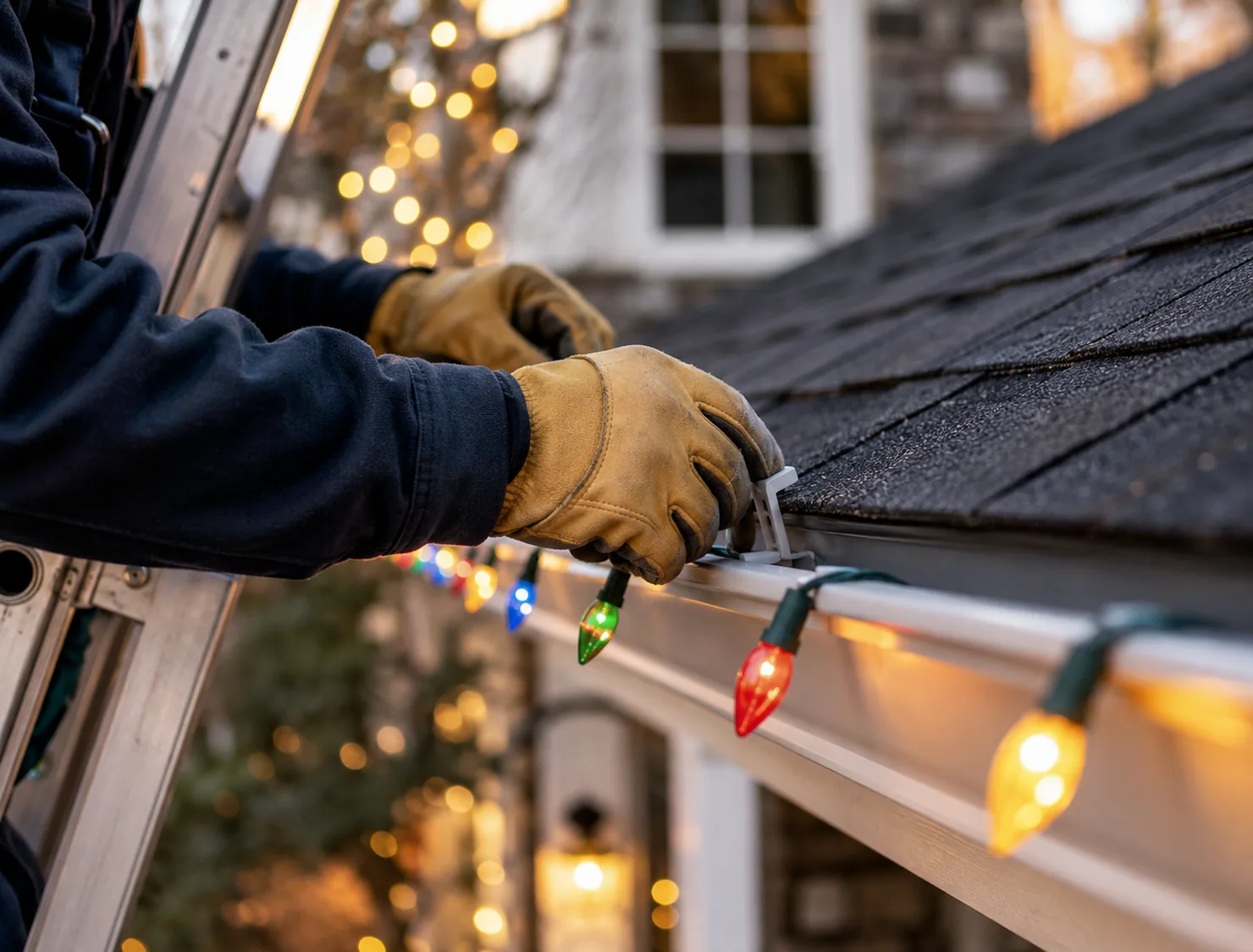 Holiday lights professionally outlining elegant front entry and roof peaks on luxury home