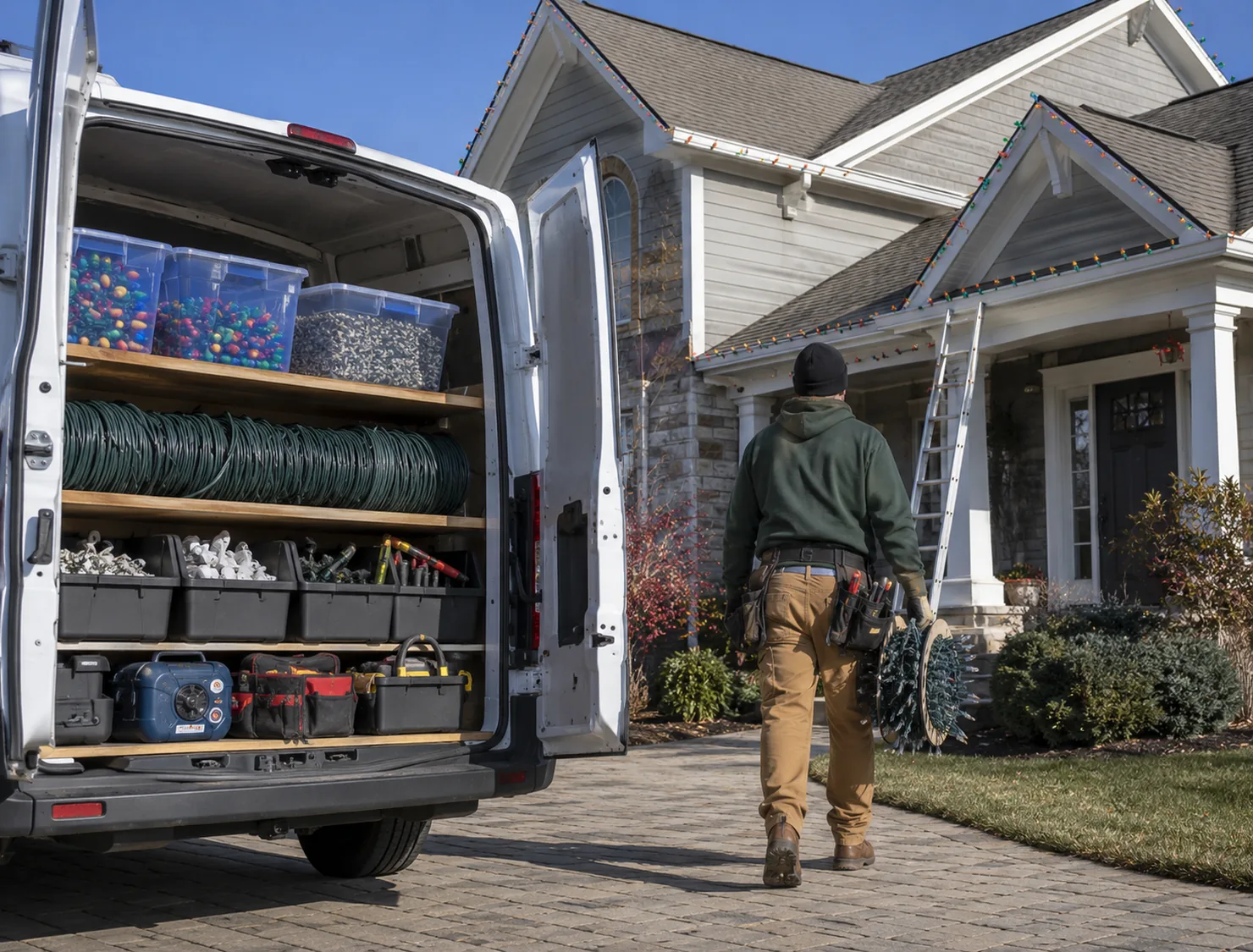 Skilled installer aligning holiday lights precisely along multiple roof peaks and trim
