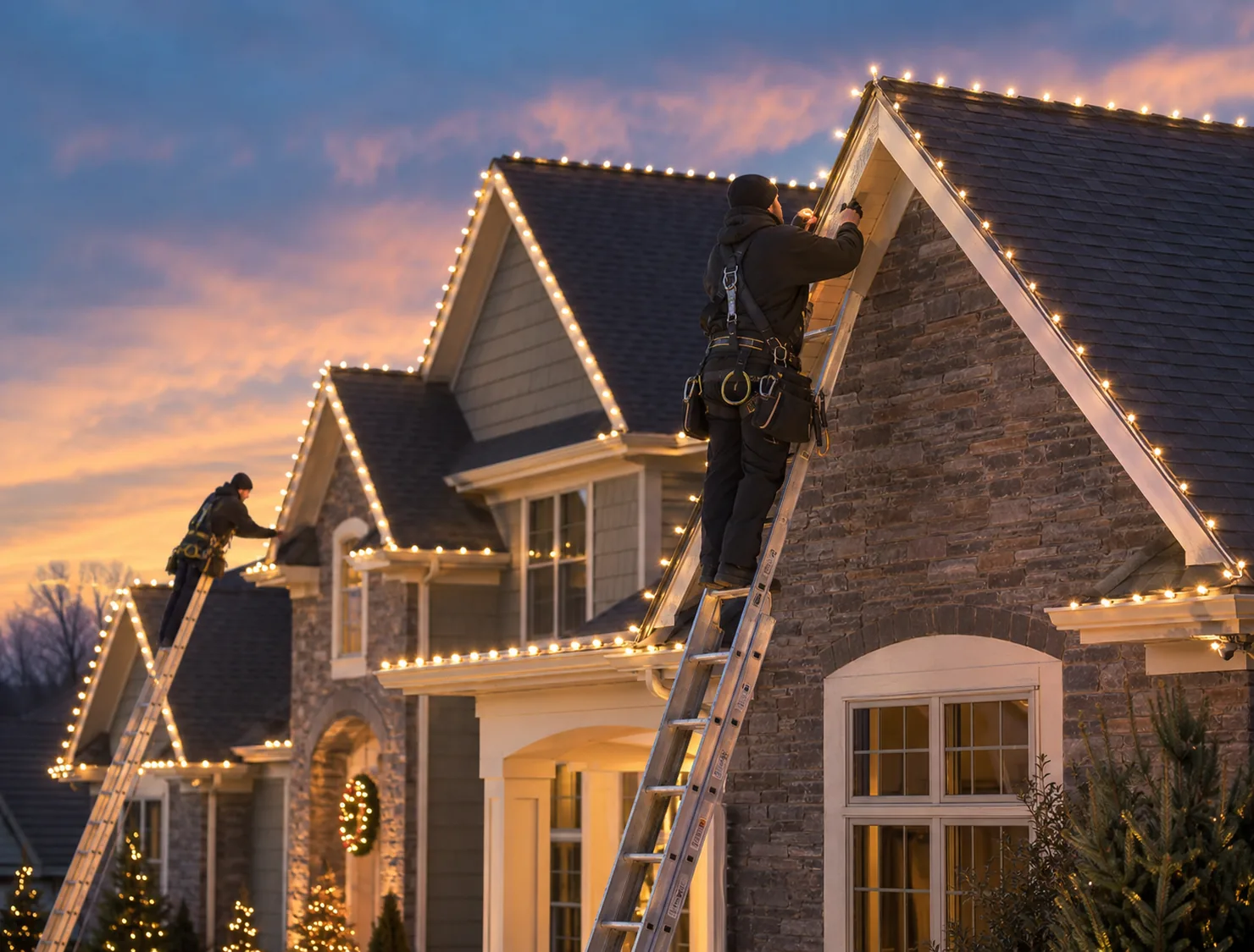 Holiday lighting arranged across roofline, windows, and entryway of upscale suburban home