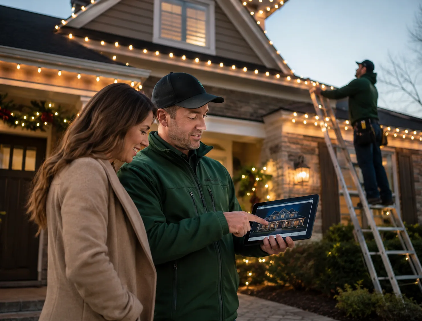 Careful installer attaching holiday lights evenly along roof edge during cold weather