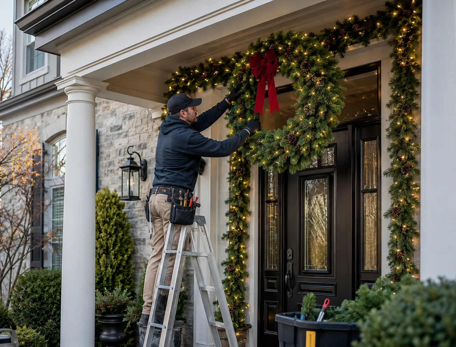 Holiday lights being installed along front porch and garage on Greenfield family home