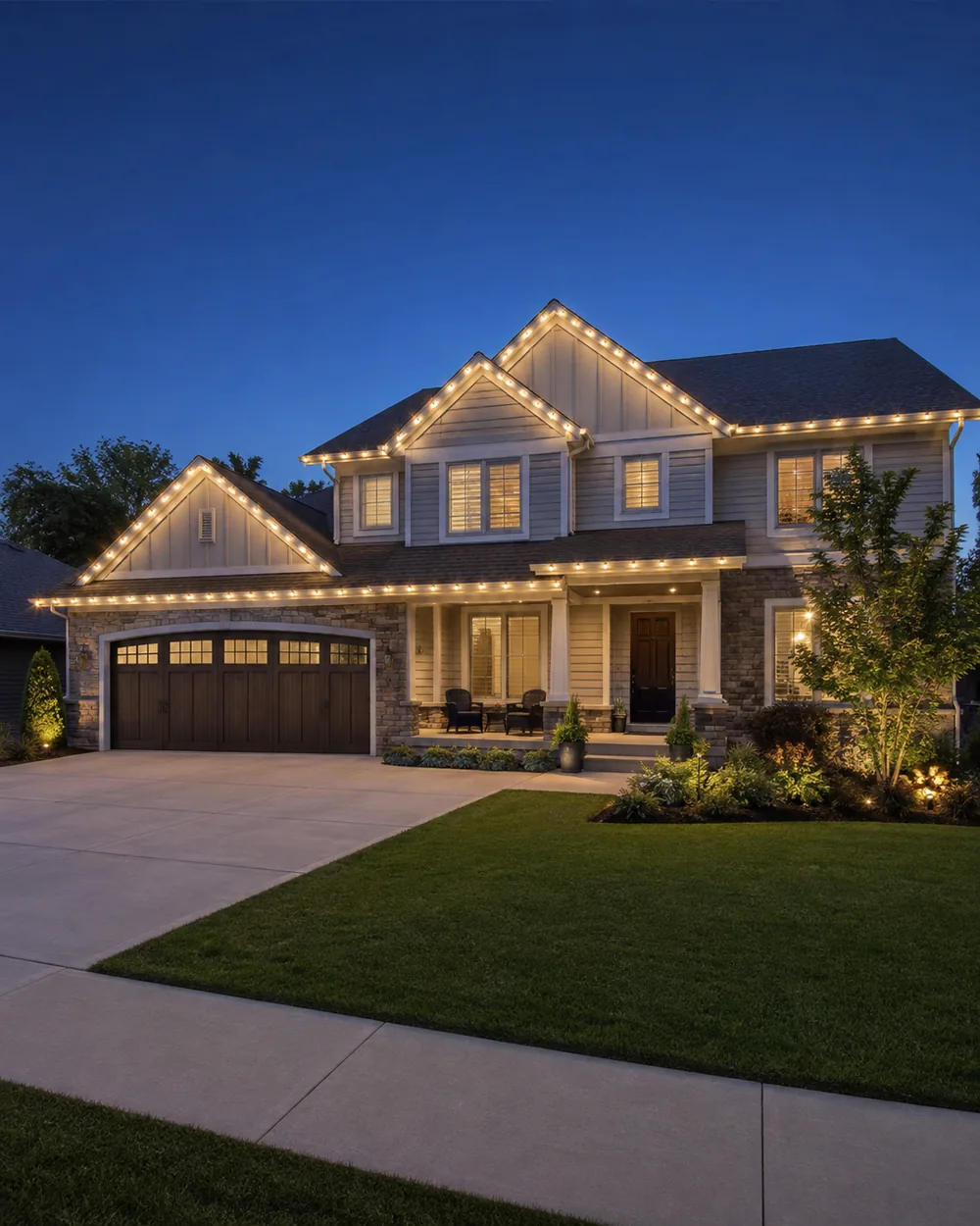 Permanent Christmas Lighting in Indianapolis - IN being installed along a home's fascia during a clear afternoon