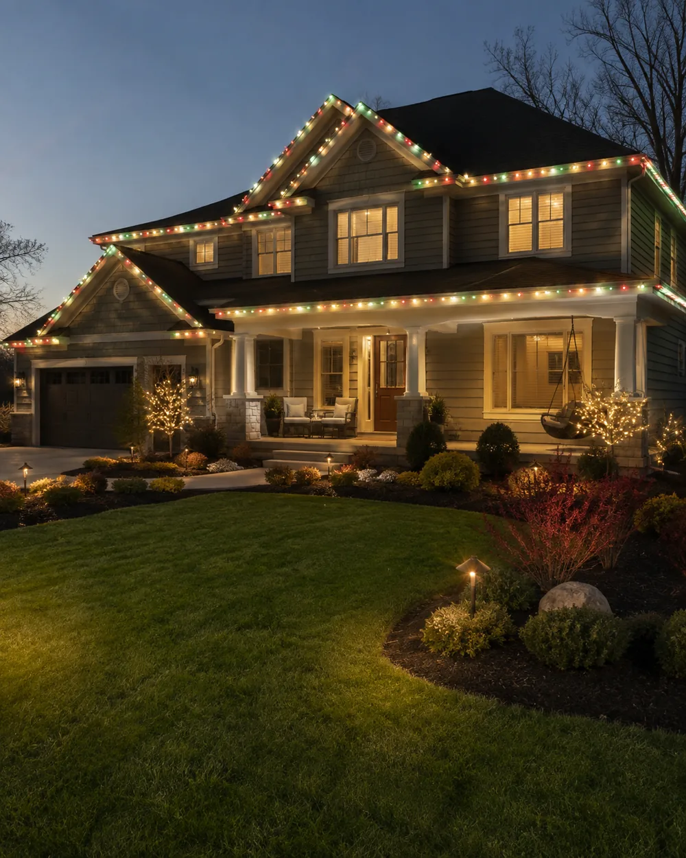 Installer adjusting Permanent Christmas Lighting on an Indianapolis - IN roofline for even nighttime architectural illumination
