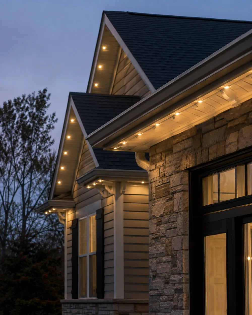 Permanent Christmas Lighting in Greenfield - IN being fitted along a front roofline above a covered porch