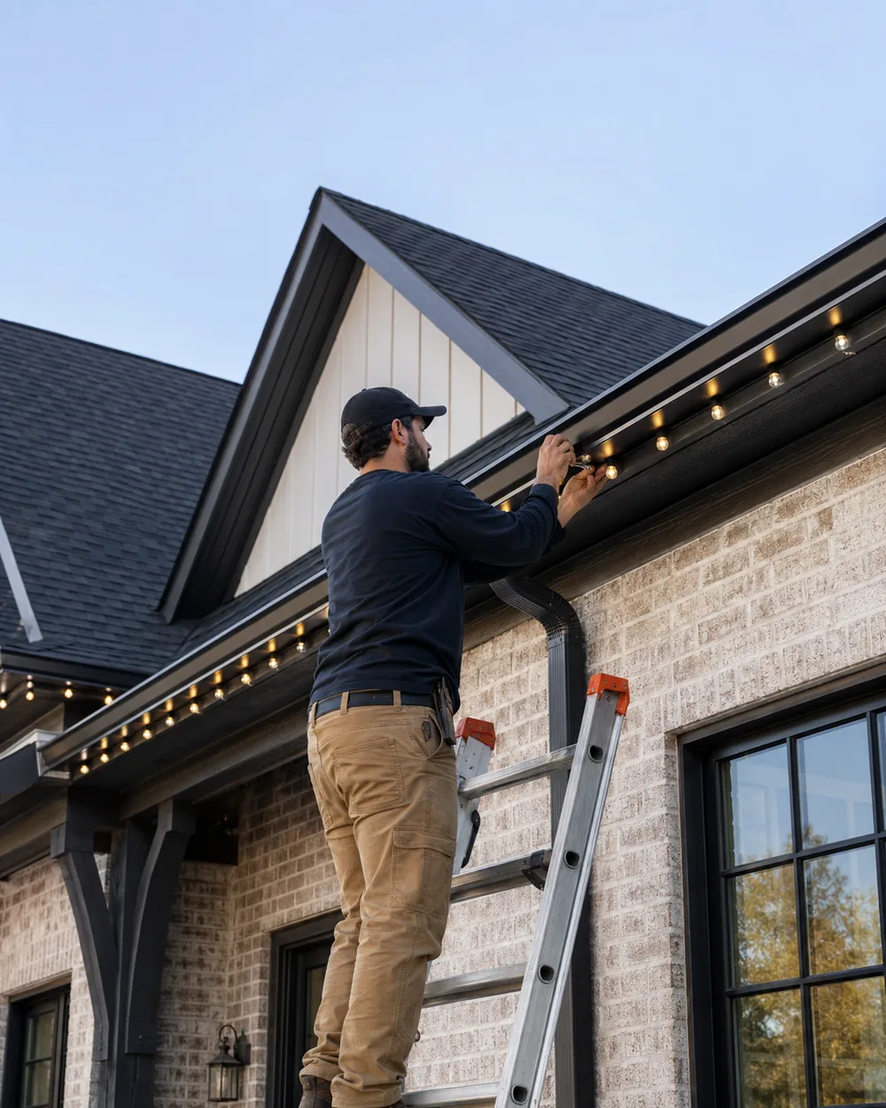 Technician testing Permanent Christmas Lighting settings on a Greenfield - IN home before evening display activation