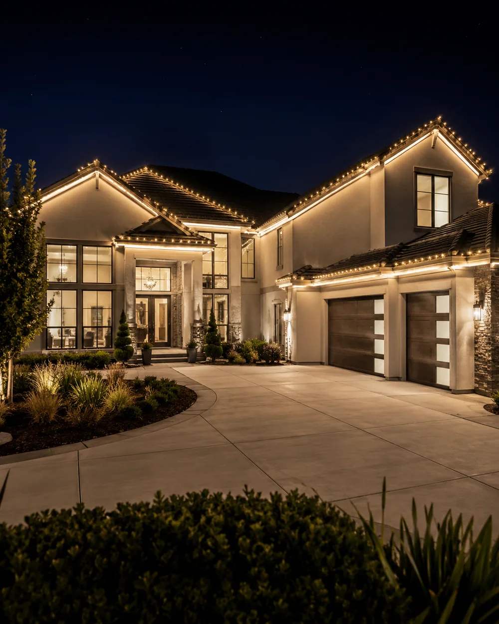 Permanent Christmas Lighting in Fishers - IN being aligned along a second-story roof edge at dusk