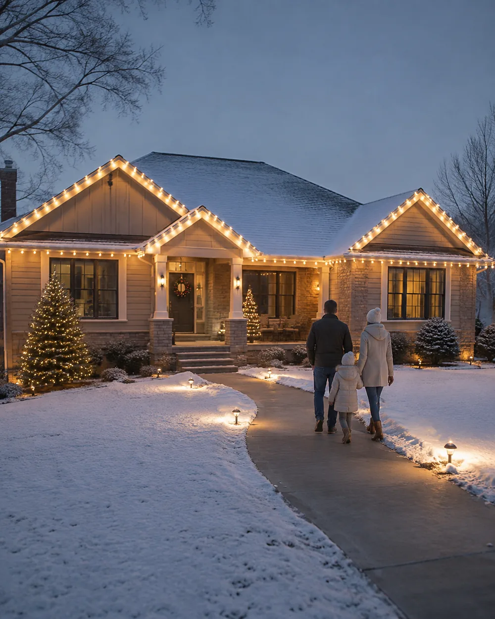 Installer adjusting Permanent Christmas Lighting controls on a Fishers - IN home before an evening neighborhood event
