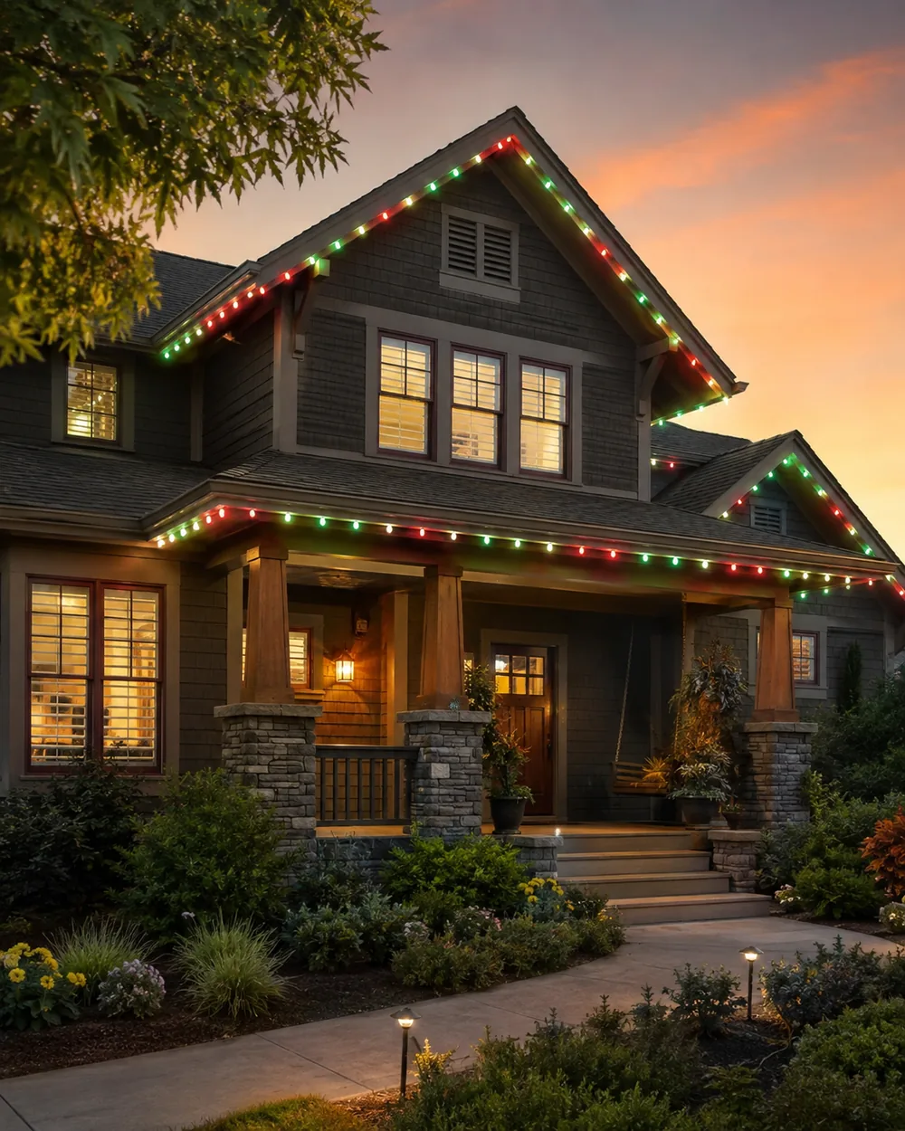 Permanent Christmas Lighting in Carmel - IN being installed along a front gable above a stone entryway