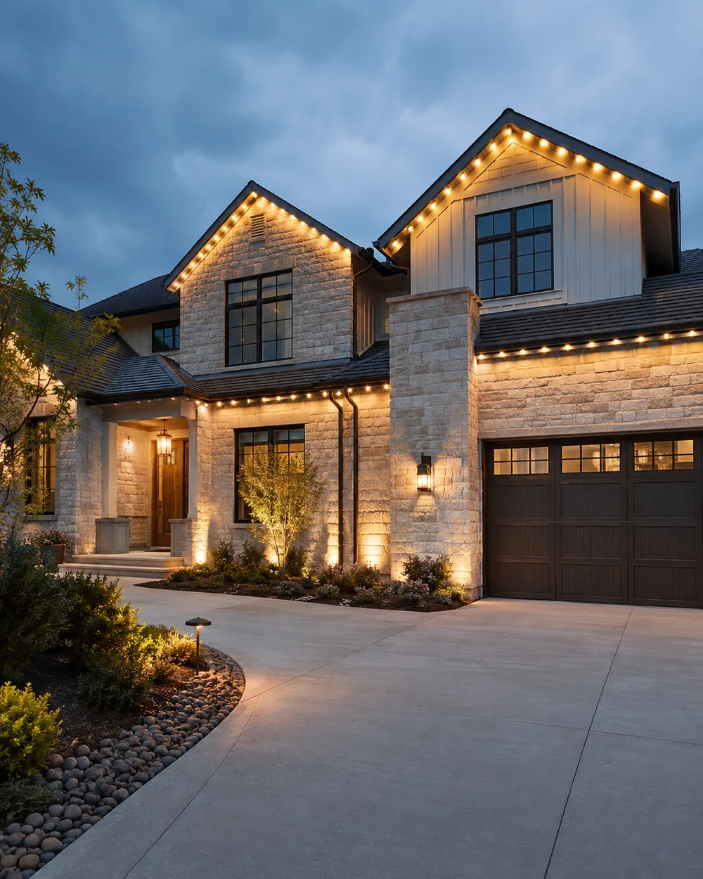 Technician programming Permanent Christmas Lighting on a Carmel - IN home for balanced evening roofline accents