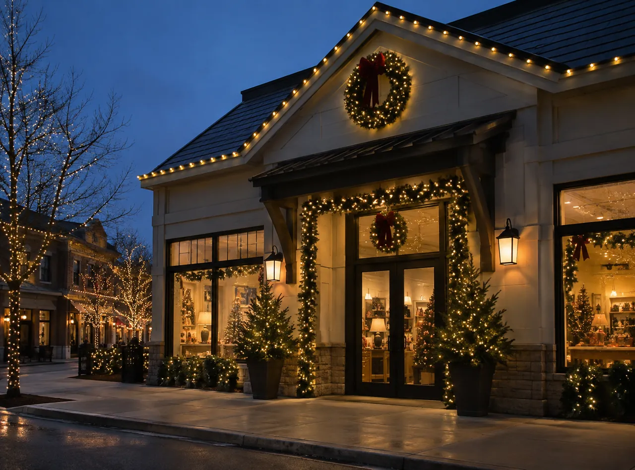 Crew adjusting Commercial Christmas Lights above an Indianapolis - IN storefront before evening foot traffic
