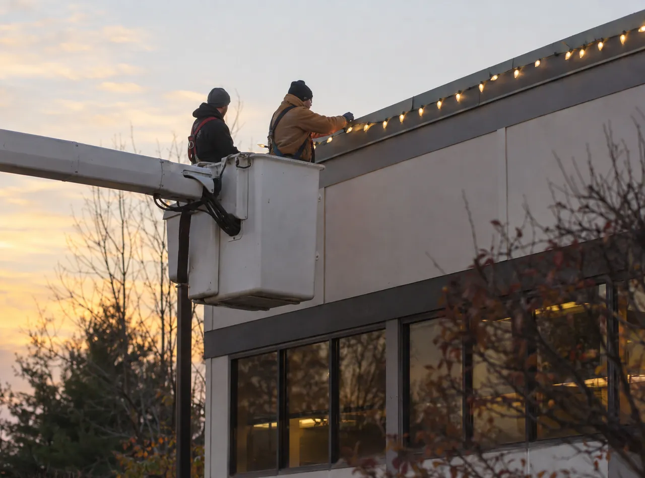 Commercial Christmas Lights in Indianapolis - IN being installed across a retail center entrance canopy