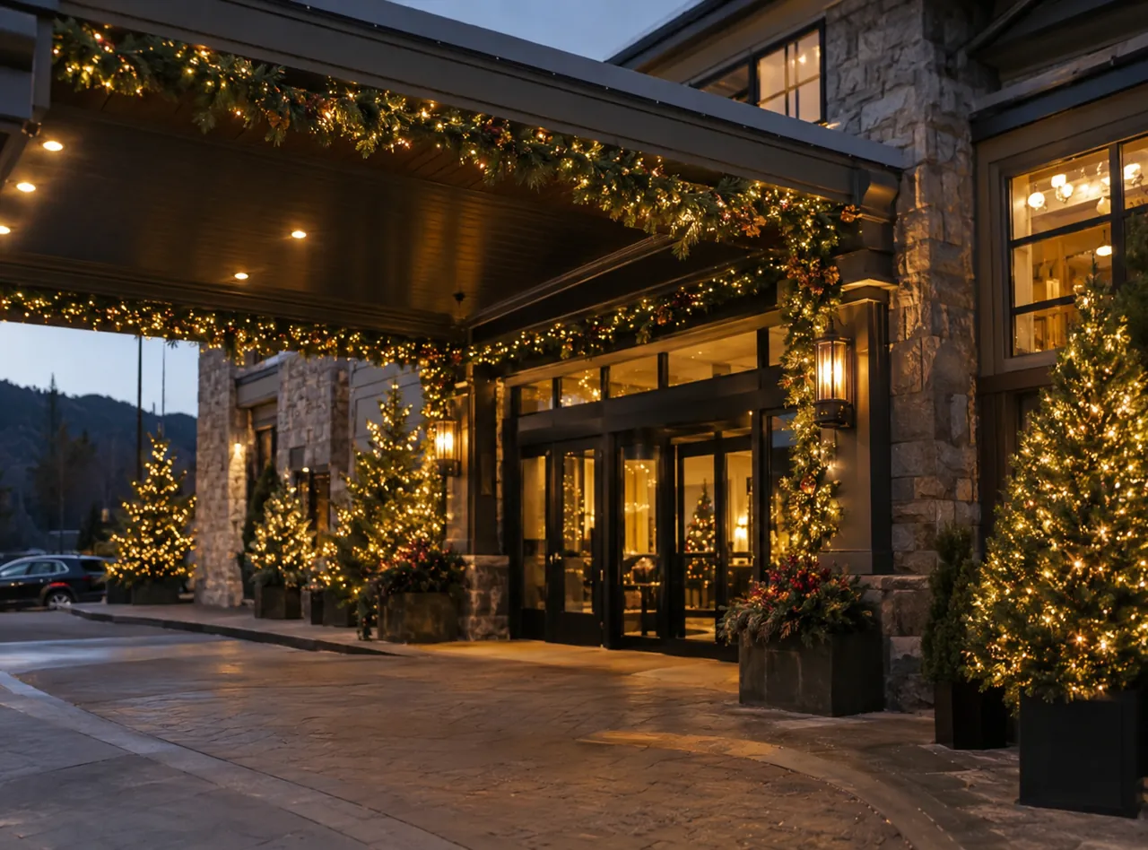 Commercial Christmas Lights in Greenfield - IN being installed along a downtown storefront roofline