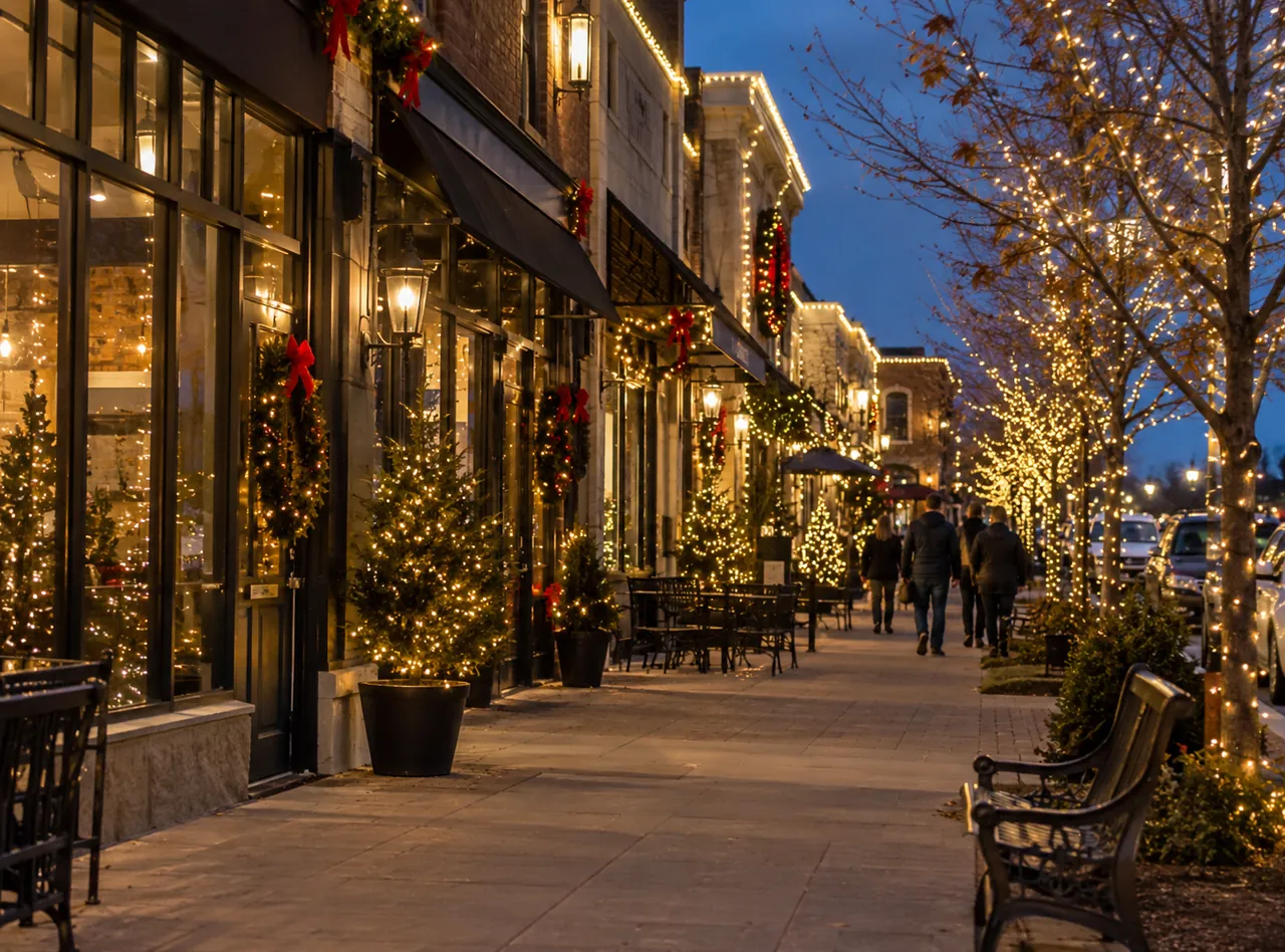 Technicians adjusting Commercial Christmas Lights on a Greenfield - IN business entrance before dusk