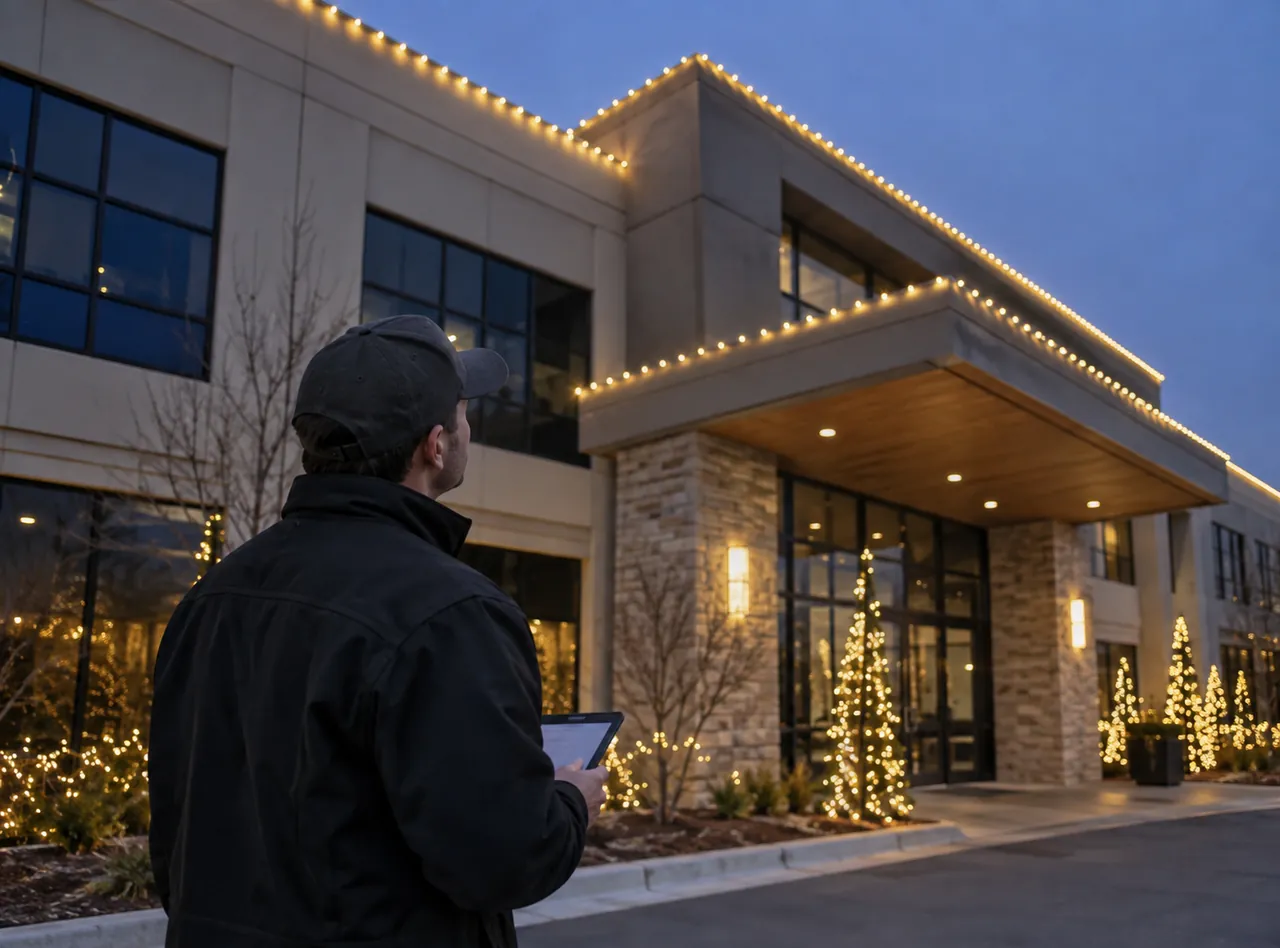 Crew testing Commercial Christmas Lights on a Fishers - IN office building before evening visitors arrive