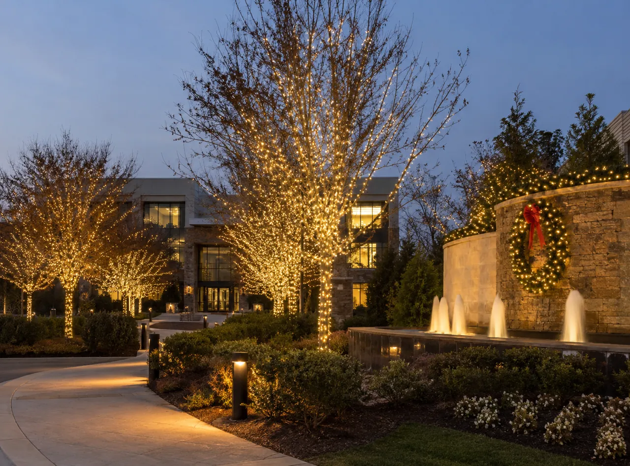 Warm white trees and garland glowing beside a stone plaza fountain from commercial Christmas lights in Carmel - IN