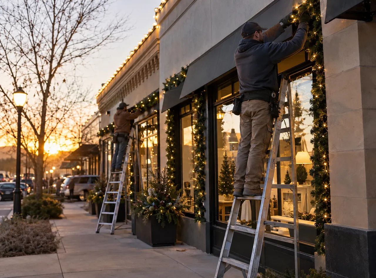 Two installers on ladders hanging lit garland across a storefront for commercial Christmas lights in Zionsville - IN