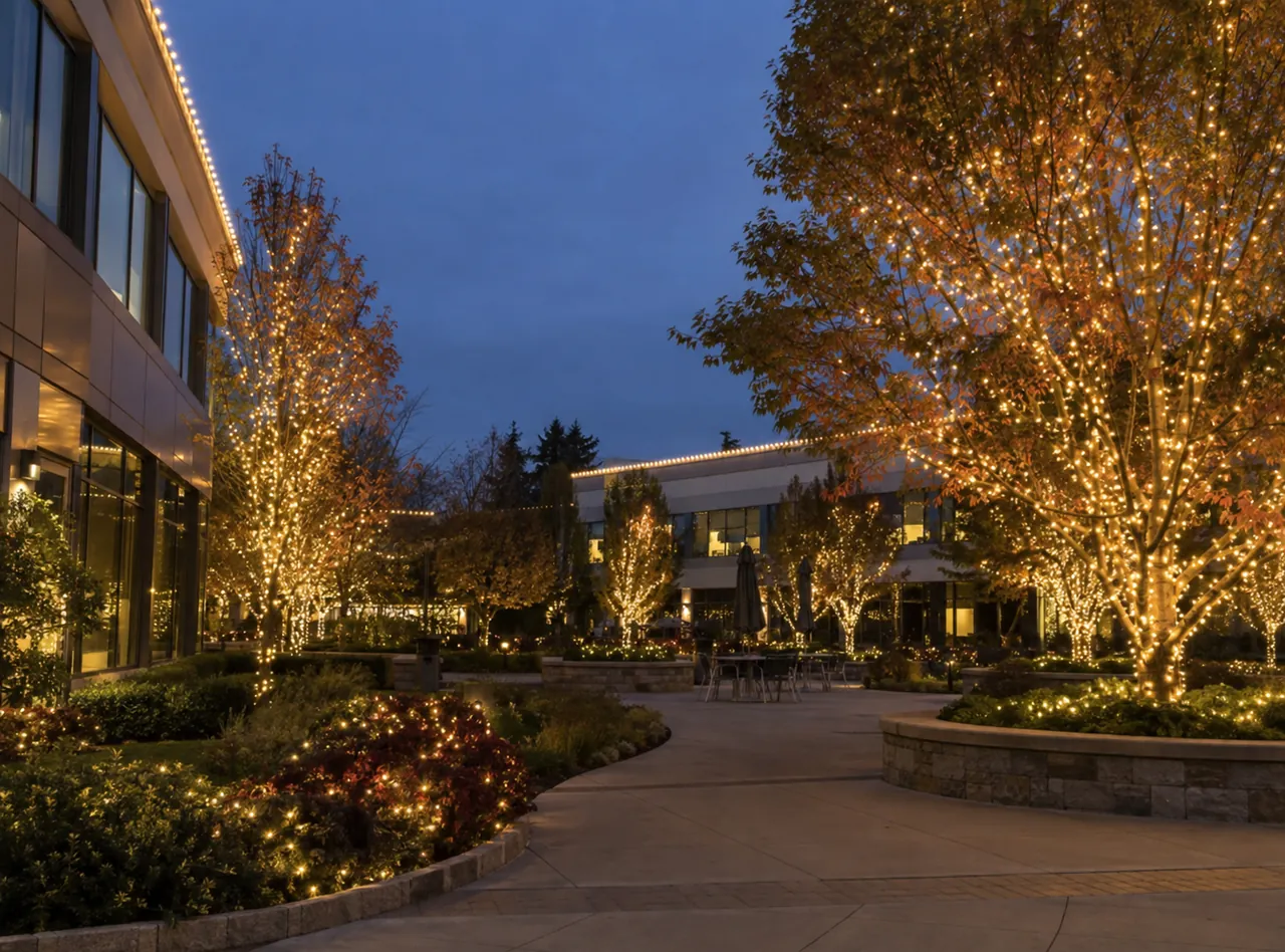 Shopping plaza walkway lined with glowing trees at dusk thanks to commercial Christmas lights in Greenwood - IN