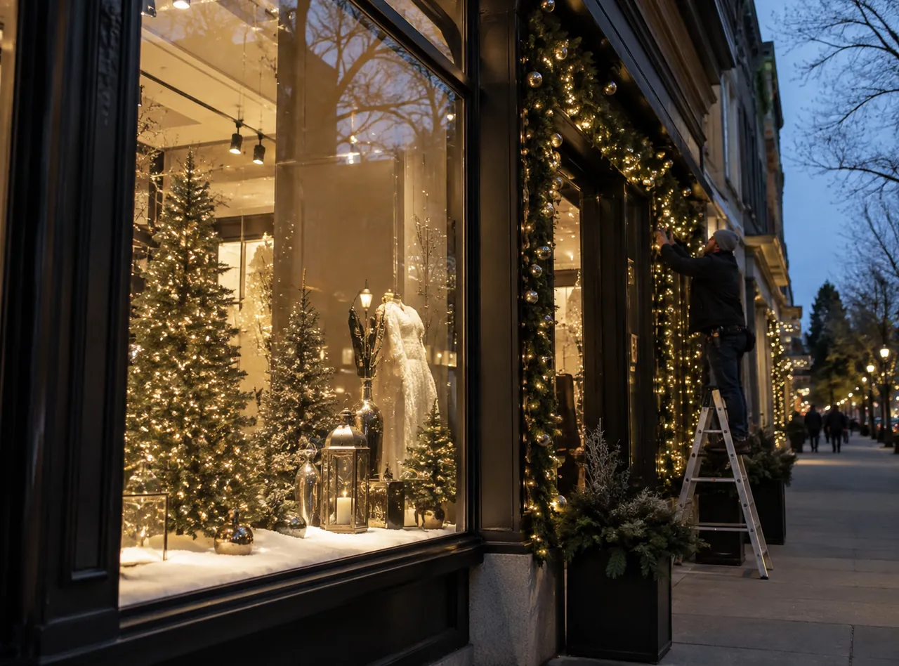 Installer on a ladder finishing a storefront window display with commercial Christmas lights in Carmel - IN