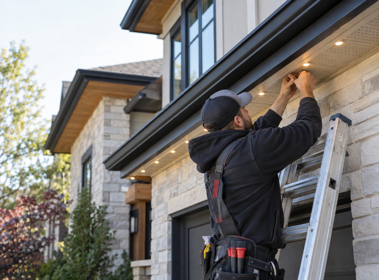 Installer on a ladder fitting soffit fixtures on a stone home for permanent outdoor lighting in Greenfield - IN
