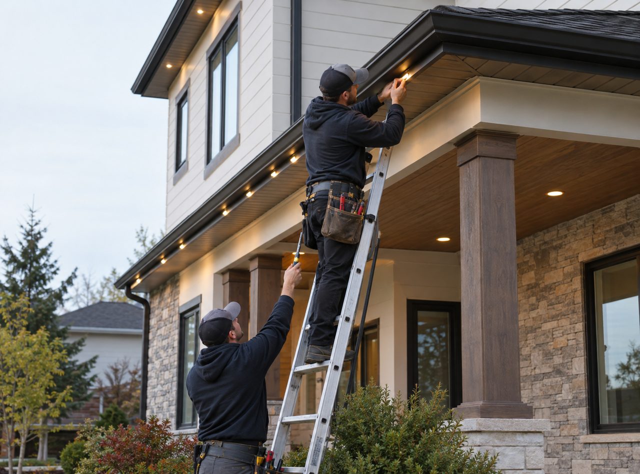 Two installers working under a covered porch while adding permanent outdoor lighting in Indianapolis - IN along the soffit