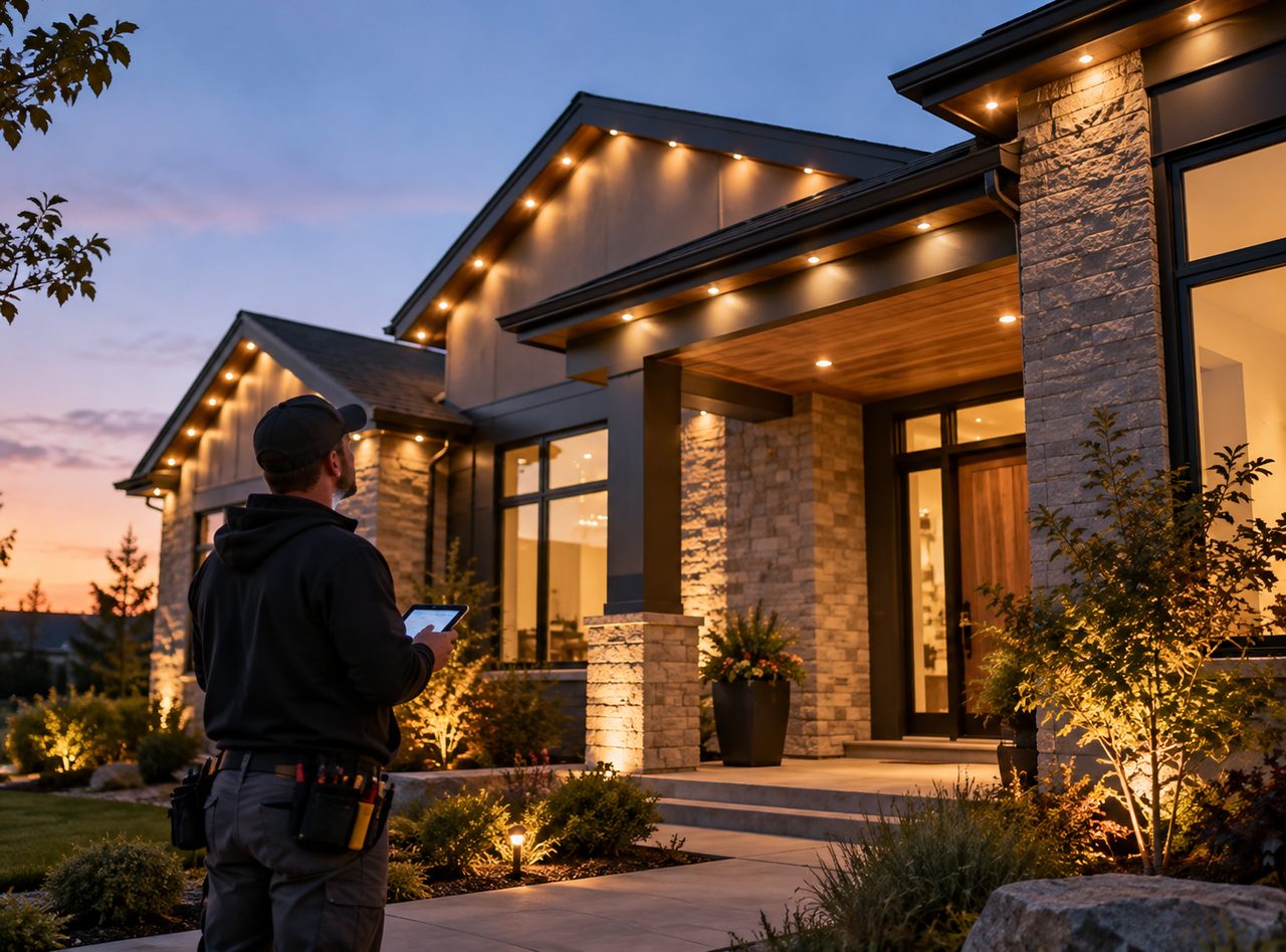 Technician checking a tablet in front of a glowing home at dusk after permanent outdoor lighting in Fishers - IN