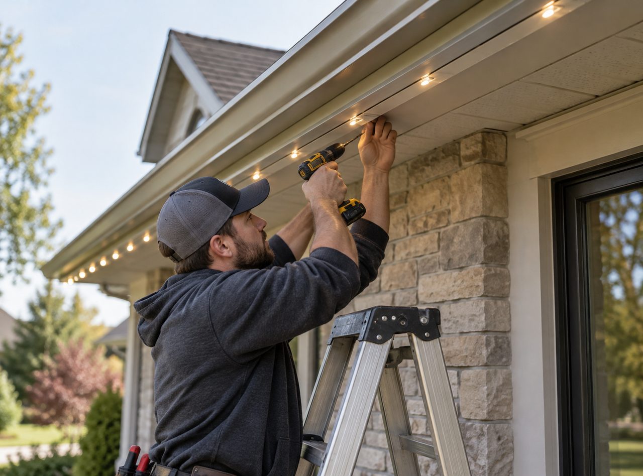 Technician drilling into the roofline soffit to mount permanent outdoor lighting in Greenfield - IN fixtures, Close view of an installer drilling a soffit mount for permanent outdoor lighting in Carmel - IN