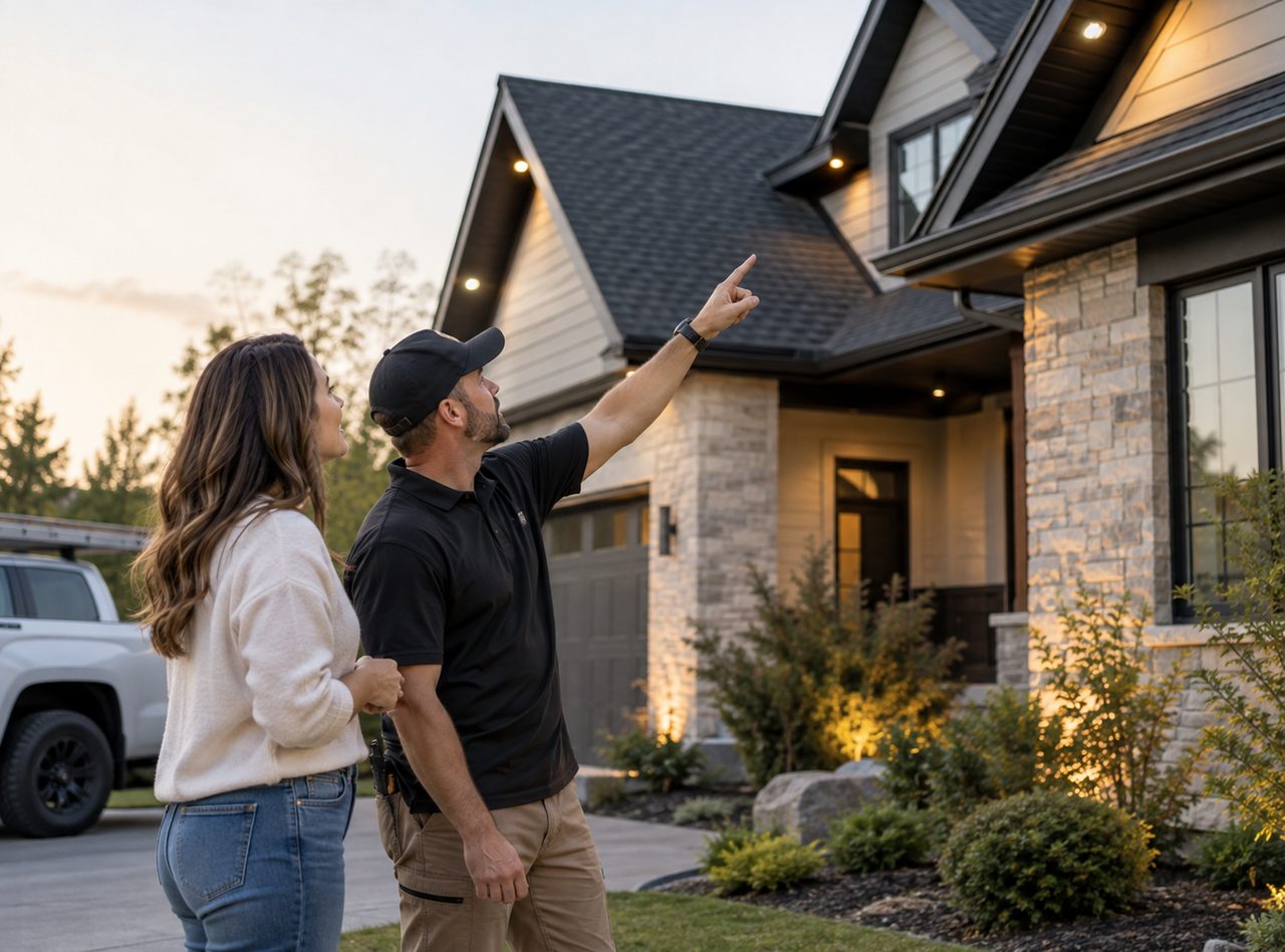 Installer showing a homeowner the finished roofline after permanent outdoor lighting in Indianapolis - IN, Installer pointing out roofline fixtures to a homeowner during a permanent outdoor lighting in Zionsville - IN walkthrough