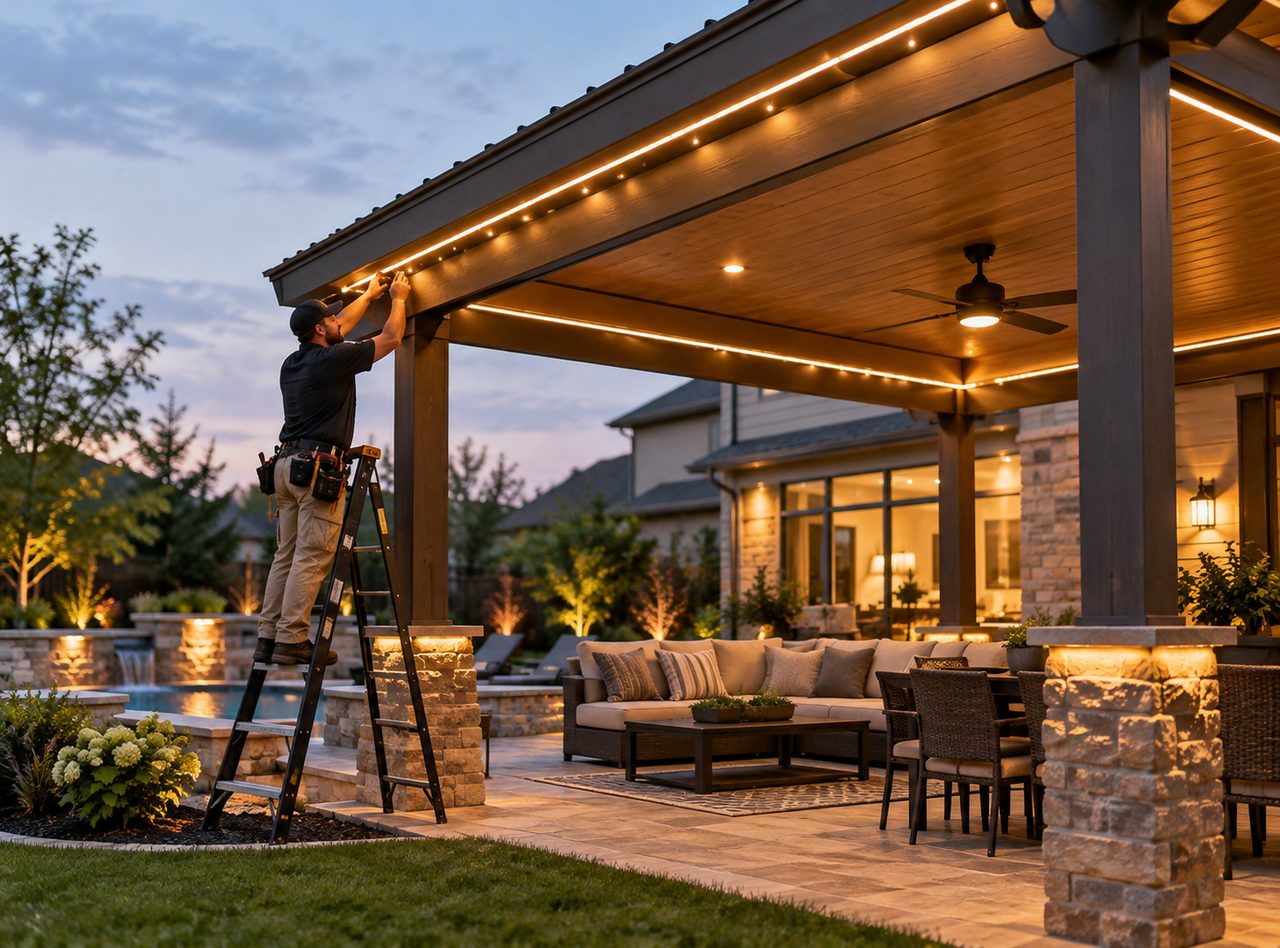 Installer on a ladder beneath a lit backyard pergola during permanent outdoor lighting in Fishers - IN work, Pergola and patio lit warmly while an installer completes permanent outdoor lighting in Greenwood - IN