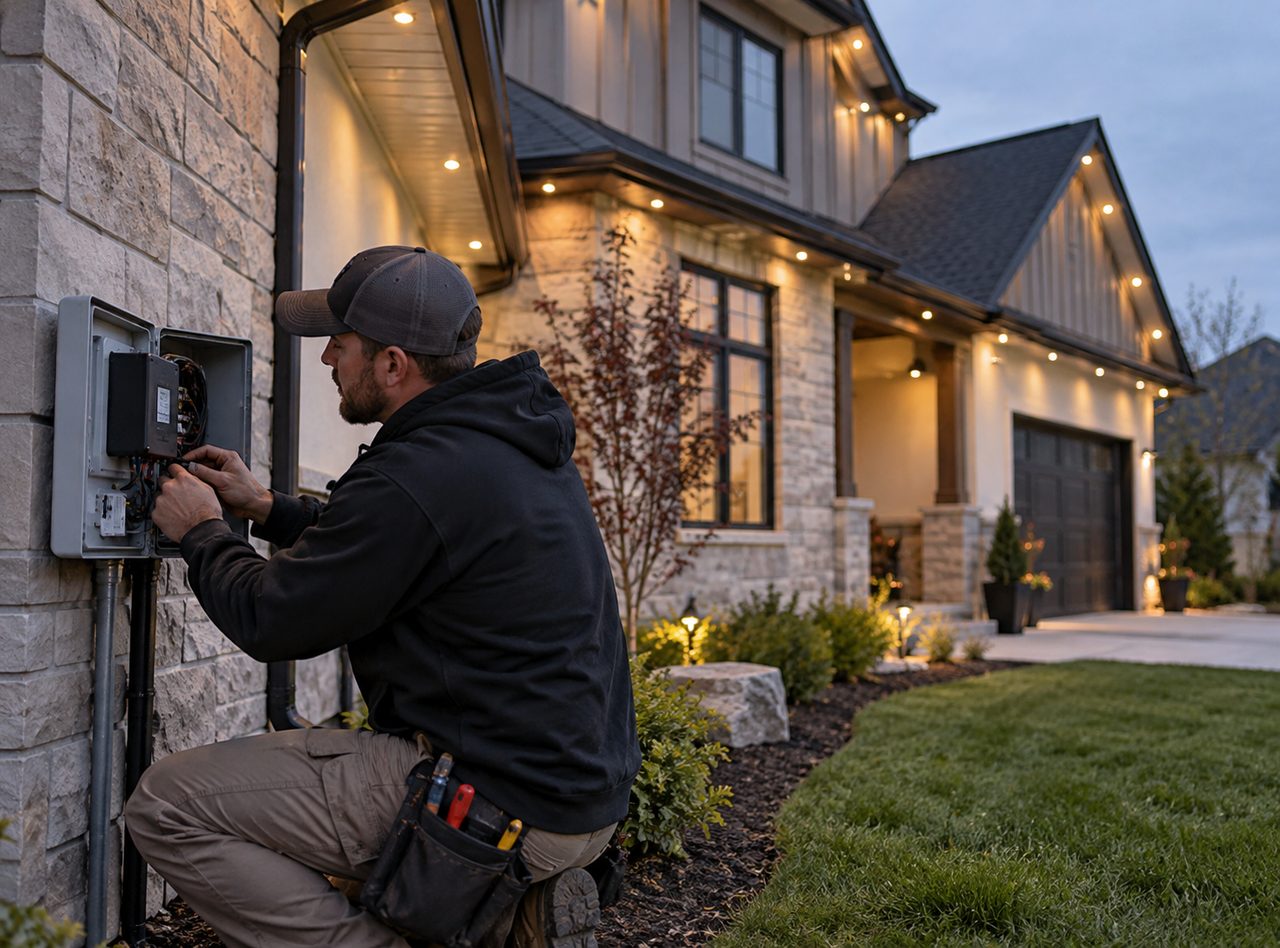 Technician wiring the exterior control box that runs permanent outdoor lighting in Carmel - IN