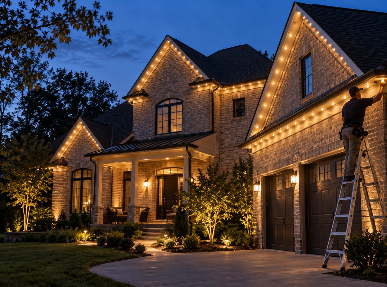 Stone home glowing at night as an installer on a ladder finishes permanent outdoor lighting in Zionsville - IN