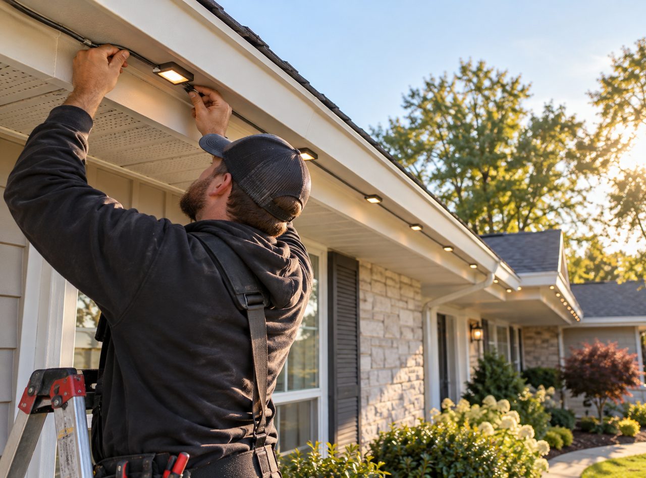 Installer reaching up to the soffit to secure permanent outdoor lighting in Greenwood - IN along the roofline